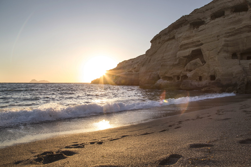 waves, seasho, outdoors, sunrise, matala, re, cliff, horizon over water, photo, sunset, sun, beach, sea, near, motion, tranquil scene, mountain, water
