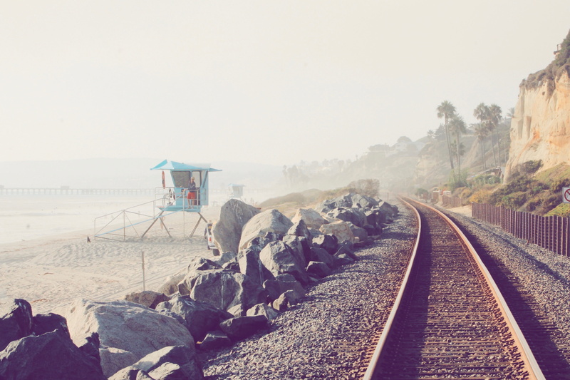 rock, rail transportation, wood, palm, day, united states, sky, clear sky, railroad track, direction, lifeguard, california, track, blue, beach, san clemente