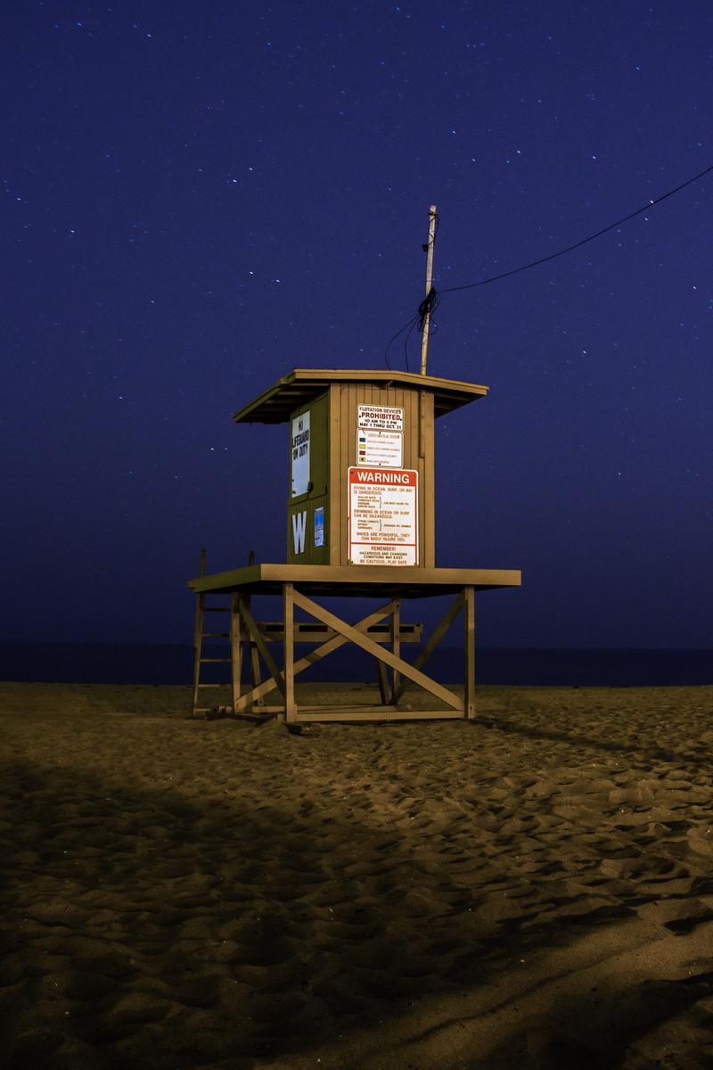 scenics - nature, water, beach, sky, summer, horizon over water, land, wave, vacation, horizon, outdoors, Night Sky, sea, lifeguard hut, protection, wood