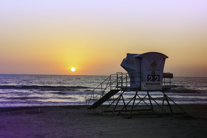 united states, lifeguard hut, colors, sunset, water, no people, orange color, carlsbad, sand, horizon over water, hut, outdoors, la costa, tranquil scene