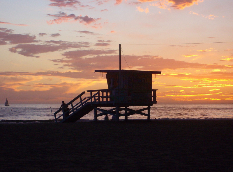 Santa Monica, built structure, architecture, beach, orange color, outdoors, sea, land, water, lifeguard hut, Baywatch, Sunset, tranquility, horizon over water