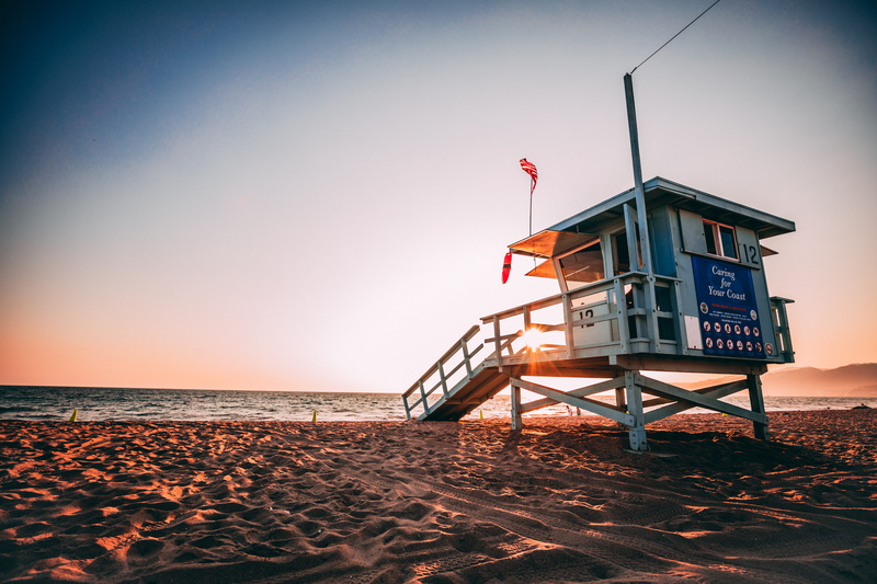 no people, nature, coast, life guard tower, horizon, horizon over water, land, lifeguard hut, architecture, built structure, sea, sky, santa monica, golden hour