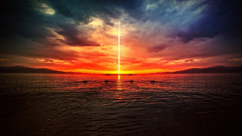 art, beam, bursting, sun, nature, 1080P, hd, orange, apocalypse, sunset, digital, lakes, x, skyscapes, land, sea