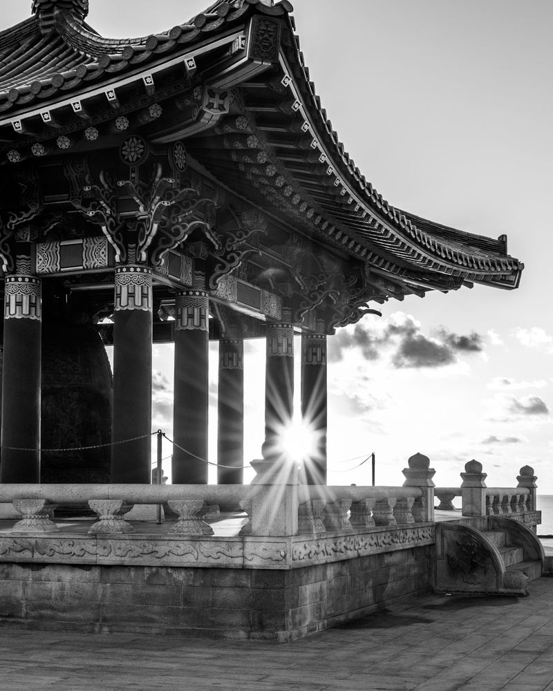 sun burst, belief, architecture, roof, building exterior, temple, black and white photo, low angle view, korean friendship bell, rural, pillar, temple structure