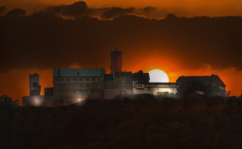 building Exterior, sunset, wartburg castle, factory, luxury, dusk, travel destinations, city, evening, thuringia germany, smoke - physical structure, night