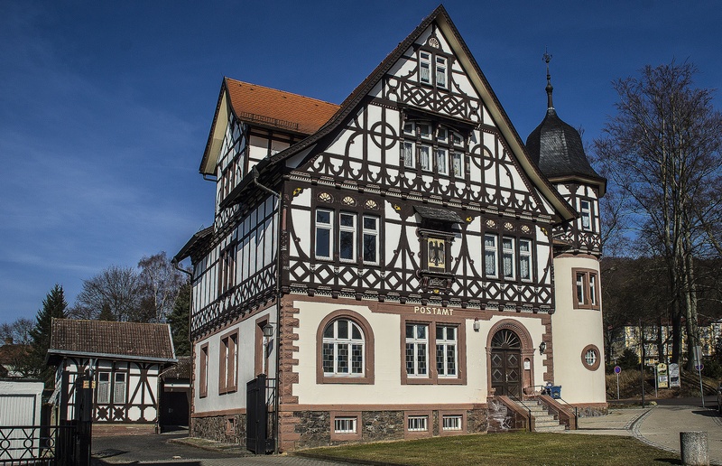 bad liebenstein, no people, home, post, tree, plant, clear sky, outdoors, blue, architecture, thuringia germany, history, low angle view, residential district