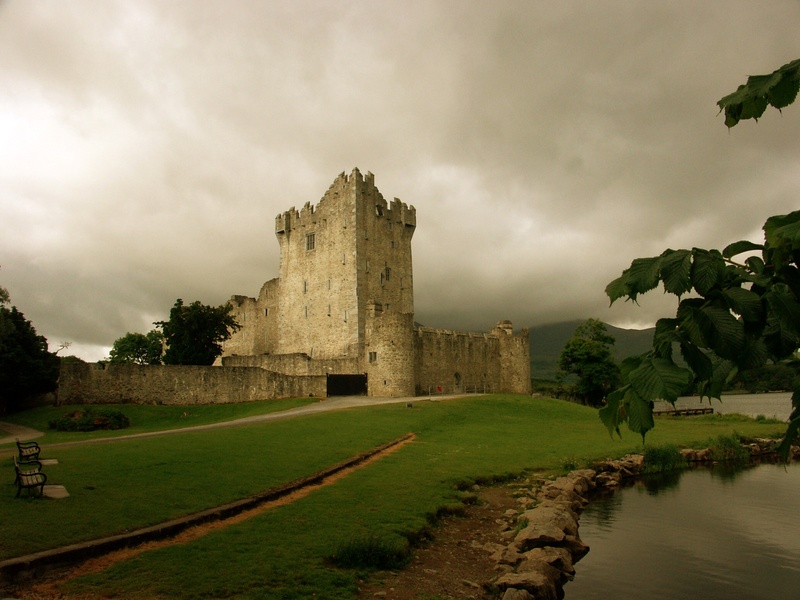 tower, old, archaeology, white, architecture, built structure, water, grass, cloud - sky, ross castle, ireland, ancient, places of interest, history, nature