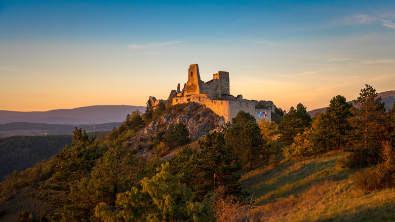 sky, built structure, historical, monument, tree, landscape, outdoors, slovakia, sunset, beauty in nature, architecture, travel, scenics - nature, old building