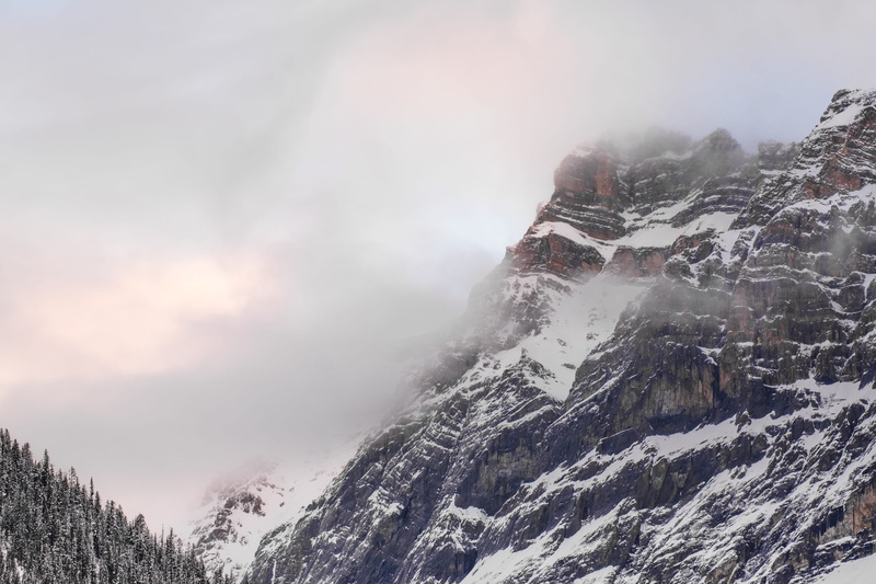 fog, gray, no people, cliffside, environment, morning, tree, sky, crest, mountain range, white, alps, non-urban scene, cold, outdoors, mist, landscape