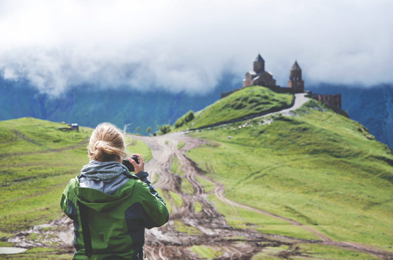 women, captures, beauty in nature, mountain range, memory, hill, one person, landscape, nature, hilltop, church, travel, rear view, taking, adult, cloud