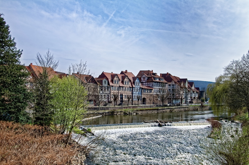 built structure, day, germany, no people, 8K, water, hannoversch-münden, fulda, river, building, weir, nature, truss, tree, plant, house, architecture