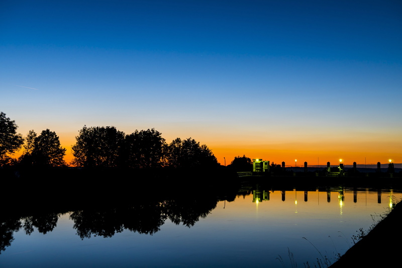 waterfront, mood, Sunset, outdoors, dusk, lights, silhouette, red, orange, River, idyllic, Mirroring, blue, night, illuminated, sky, plant, weir, reflection