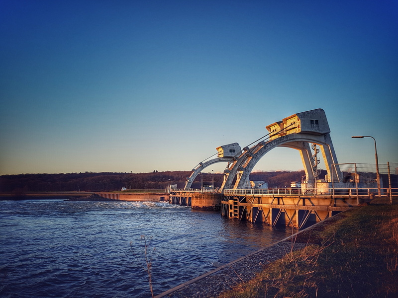 sunlight, transportation, weir, bridge - man made structure, river, industry, weir driel, waterfront, clear sky, netherlands, setting sun, colorful sunset