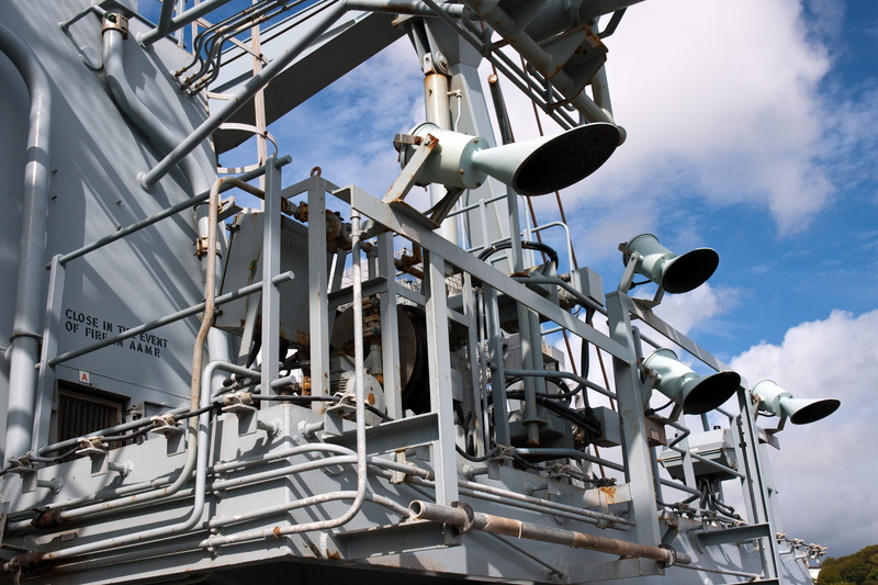 cloud - sky, mode of transportation, metal, no people, industry, plymouth, low angle view, outdoors, nautical vessel, connection, Hms Bulwark, technology