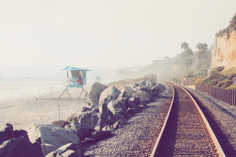 railway, sky, rocks, railroad Track, seashore, railroad, tree, sea, track, rail transportation, 4K, direction, outdoors, the way forward, beach, land