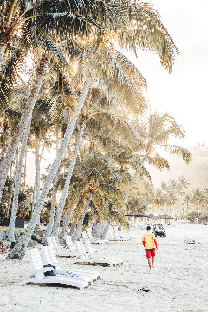 trees, sand, growth, outdoors, full length, man, men, palm tree, standing, lifestyles, shore, life guard, real people, day, tropical climate, architecture