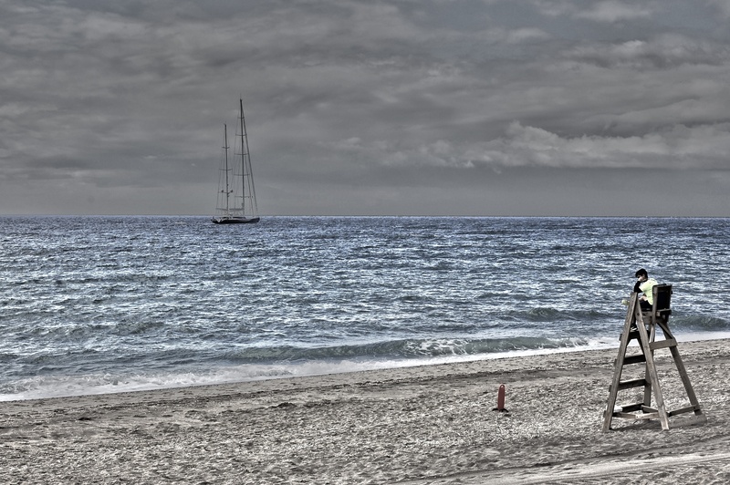sea, scenics - nature, guard booth, day, nature, sailboat, watchman, standing, sand, beauty in nature, life guard, one person, outdoors, marbella, sky