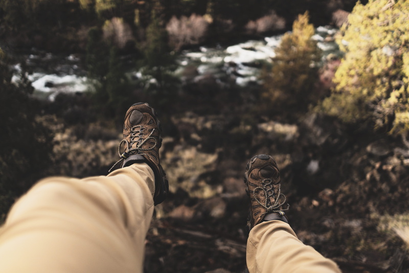 day, gray, low section, shoes, outdoors, hike, boots, body part, wilderness, wander, jeans, overlook, dangling, leisure activity, human body part, men