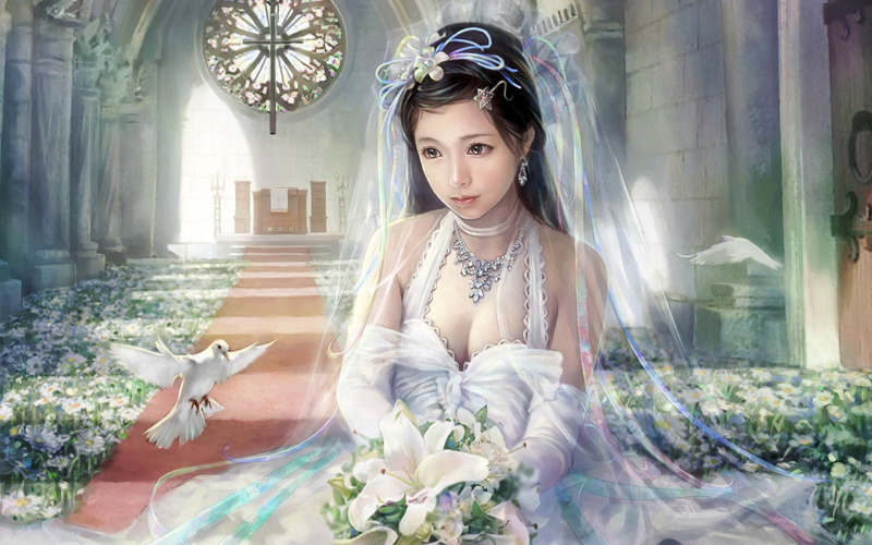 1080P, Anime, veil, Star Of David, Church, Bride, wearing, digital, White, Wedding, female, Girl, dress