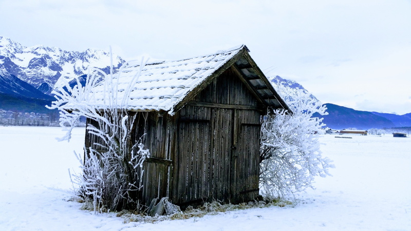 landscape, plant, hut, snowing, frost, architecture, sky, white color, 5K, built structure, no people, winter, tyrol, snow, wood - material, cold temperature
