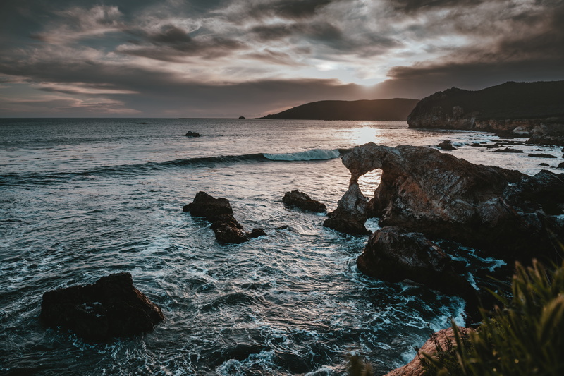 beach, sky, california, tranquil scene, horizon, rocky coastline, daytime, ocean, coastal, idyllic, sunset, rock, clouds, sea waves, rocks, united states