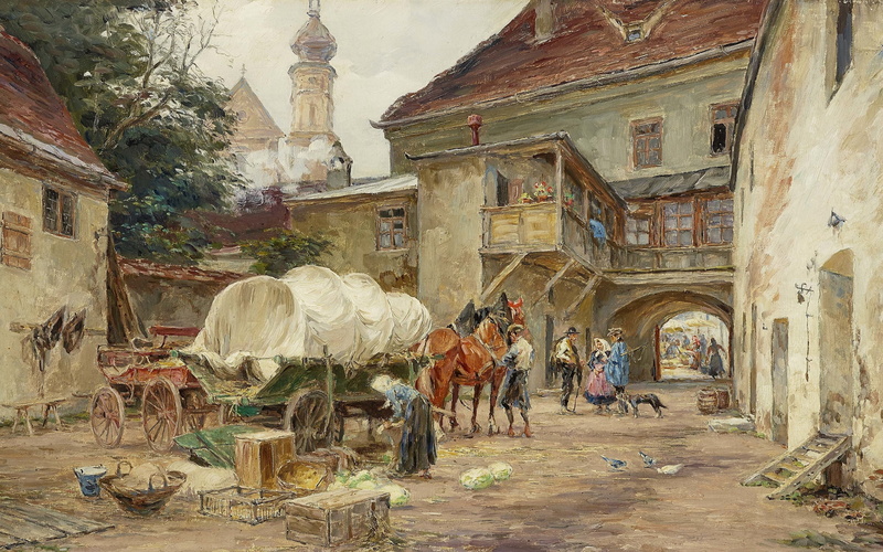 Karl Chair Müller, German painter, Carl Stuhlmuller, Market day in Dachau, 2K