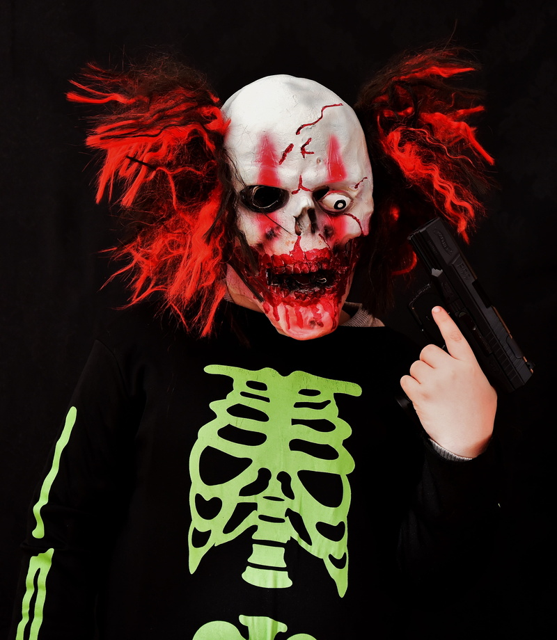 costume, halloween, clown, 4K, portrait, horror, face paint, black background, creepy, dark, pistol, mass murderer, circus, communication, evil, horror clown