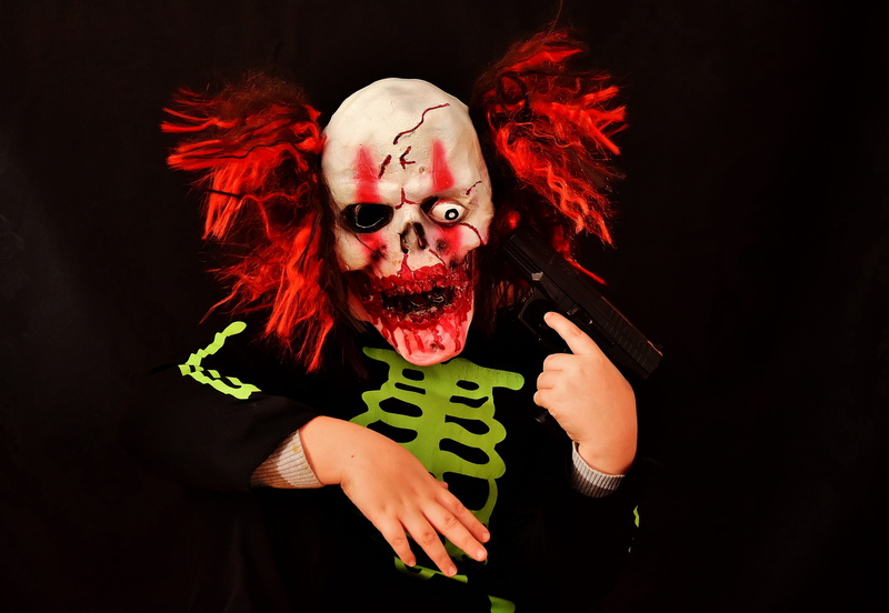 mass murderer, costume, make-up, creepy, paint, adult, spooky, weird, shock, looking at camera, one person, monster, dyed red hair, 5K, horror, clown