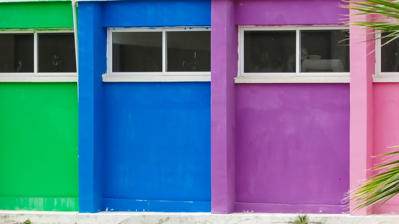 multi colored, blue, day, school, glass - material, pyla, building exterior, cyprus, wall - building feature, entrance, colours, green color, no people