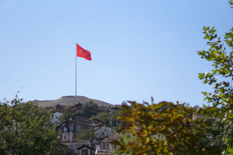 patriotism, beypazari, plant, 5K, maple leaf, leaf, nature, architecture, mountain, building, red, blue, sky, outdoors, castle, day, flag, turkish flag