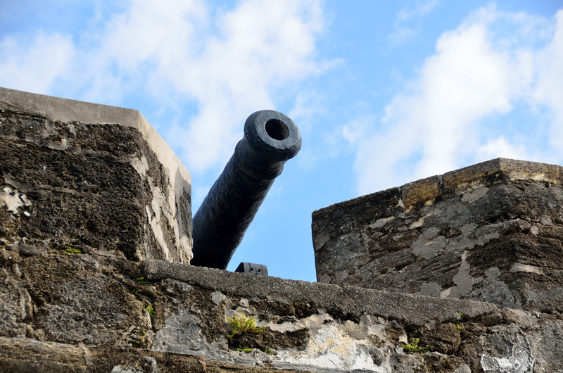 ruined, aged, antique, war, gun, stone, historical, architecture, medieval, building, defense, fortification, town, sea, low angle view, wall, ancient civilization