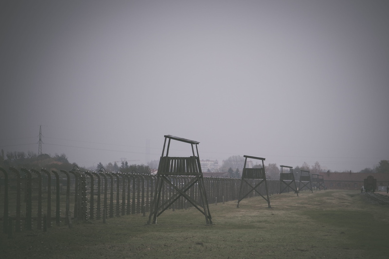 boundary, oświęcim, auschwitz, sky, rain, barrier, war, poland, mist, lookout, land, day, fence, nature, outdoors, team sport, field, soccer field, wet