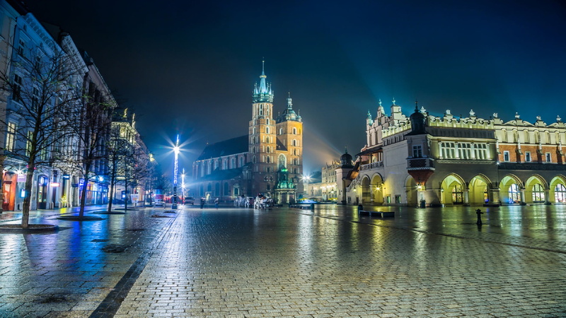 Krakow, Cathedral, lights, Poland, area, 1080P, the city, night