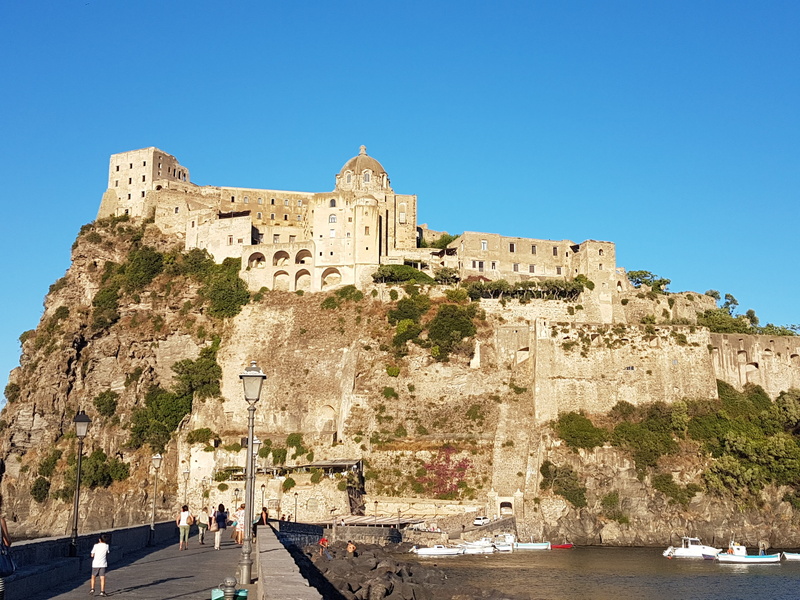 tourist, nature, Islands, clear sky, sky, water, castle, Sea, views, Aragonese Castle, group of people, nautical vessel, old, the past, incidental people