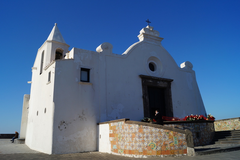 building, sunny, belief, ischia, outdoors, 5K, place of worship, sunlight, spirituality, built structure, religion, sea, clear sky, blue, building exterior