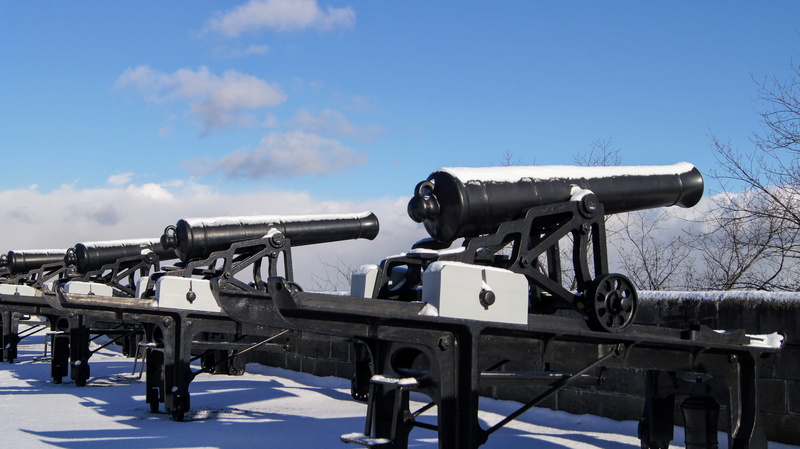 snow, citadel, day, wall, astronomy, weapon, safety, machinery, defense, canada, rampart, security, no people, hand-held telescope, outdoors, metal, coin operated
