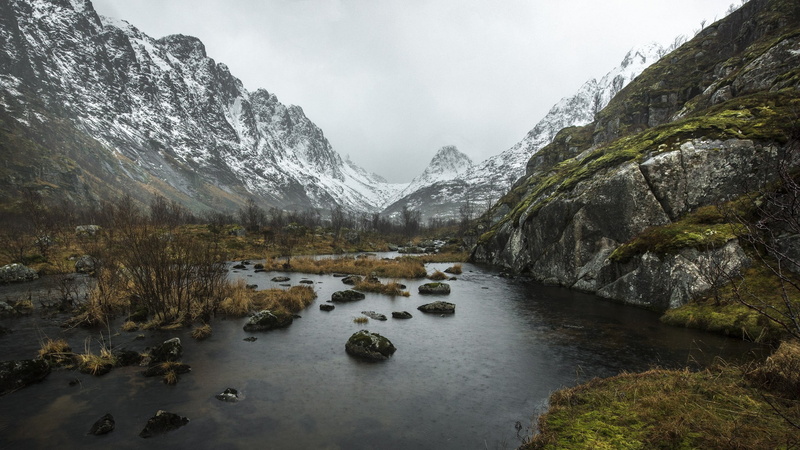 landscape, rock - object, flowing water, no people, non-urban scene, nature, black, house, river, mountain range, mountain, plant, tranquility, mountain peak