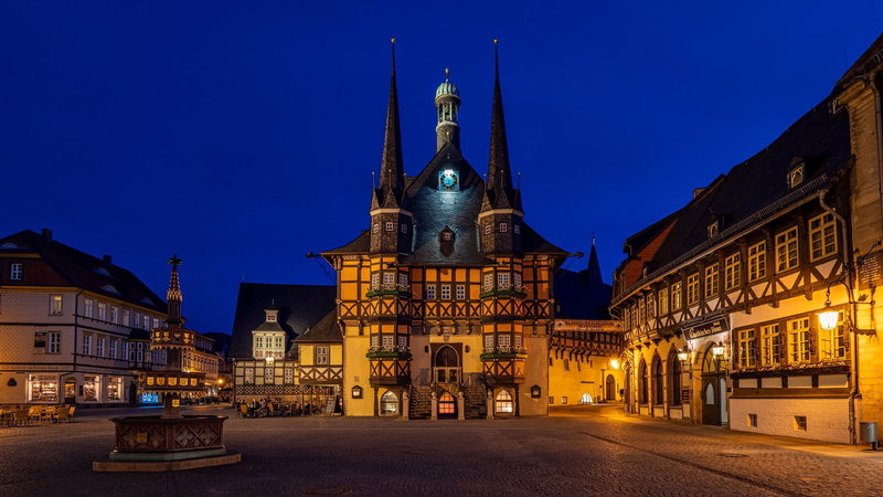 Saxony-Anhalt, 1080P, town hall, Wernigerode, Germany, area, building, fountain, night city, home