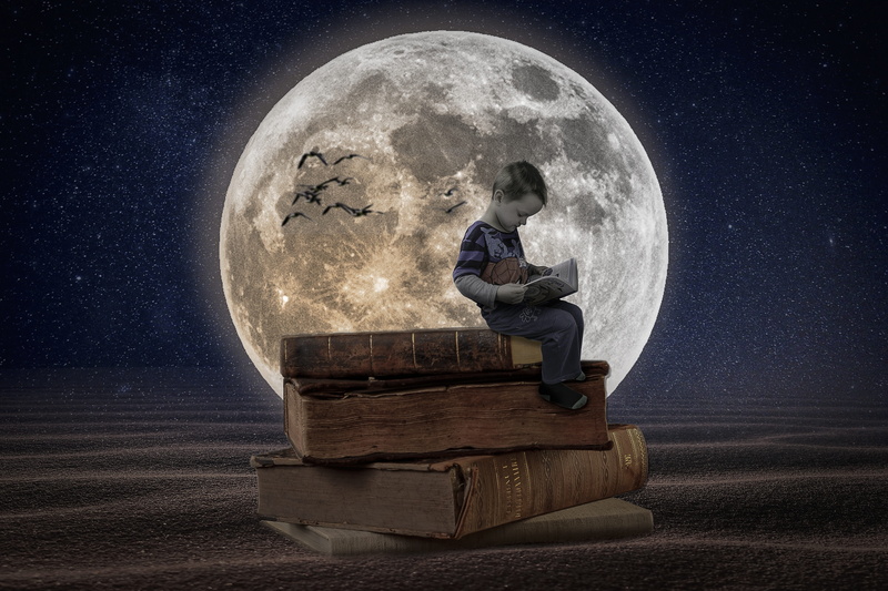 boy, astronomy, milky way, night, nature, space exploration, books, transportation, exploration, sky, space, digital composite, composite image, sea, globe - man made object