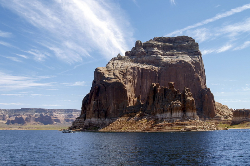rock - object, stone, arizona, rocks, sandstone, lake, clouds, natural water, daytime, solid, day, red, scenics - nature, waterfront, rock, natural, island