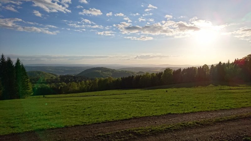 plantation, idyllic, landscape, rennsteig, cloud - sky, tranquil scene, clouds, tree, spacious, outdoors, summer, grass, nature, mountains, sun, tranquility