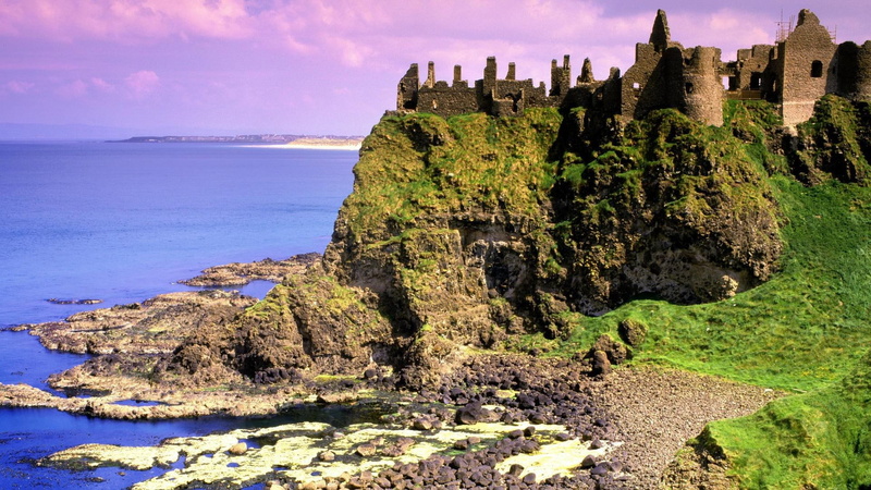 europe, world, 1080P, dunluce, castle, top, ireland, covered, 1920x1080, beige, mountain, brick, grass, antrim, fortress