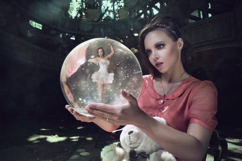 front view, beauty, indoors, digital composite, crystal ball, women, young women, one person, space, holding, women model brunette long hair women outdoors open mouth sphere ball ballerina teddy bears photo manipulation