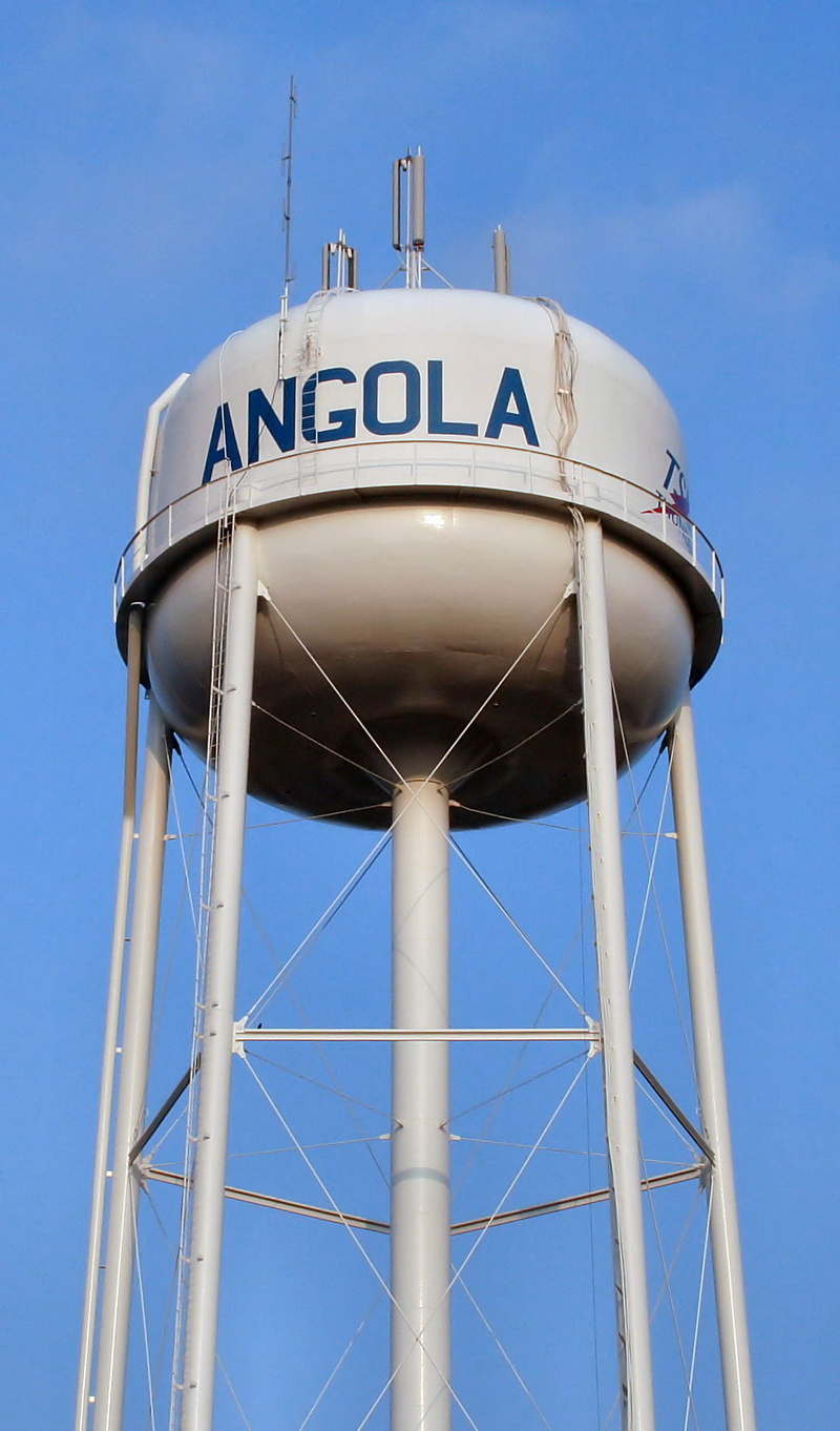tower, day, metal, storage tank, building exterior, architecture, Angola, 1080P, sky, water, text, angola water tower, western script, safety, clear sky