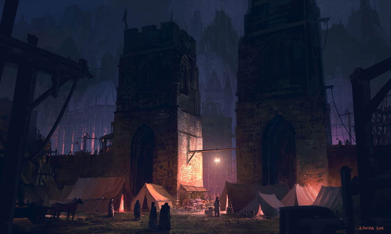 fantasy art, night, people, fantasy, 1080P, door, lantern, tower, tents, walls, camp, cathedral, City, illustration, artwork, medieval