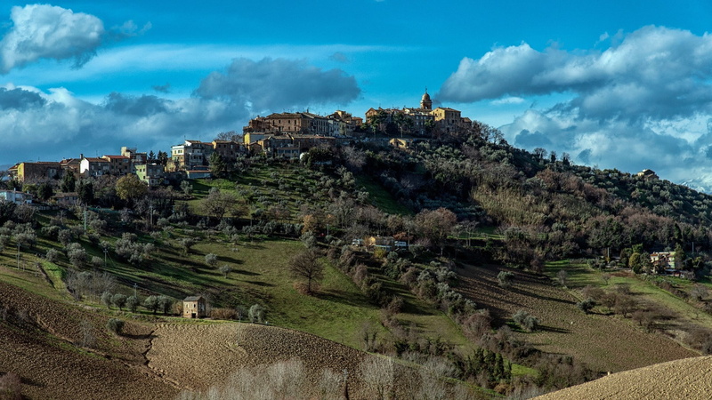 grass, church, trees, stone house, village, 1080P, architecture, old building, clouds, landscape, Italy, field, hills, forest, nature, house