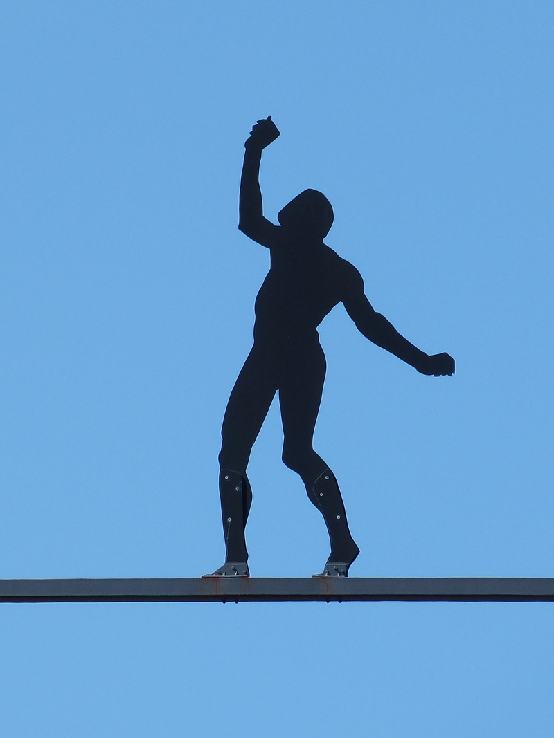 man, balance, real people, full length, one person, artist, clear sky, nature, day, Silhouette, human arm, arms raised, blue, sport, Sky, leisure activity