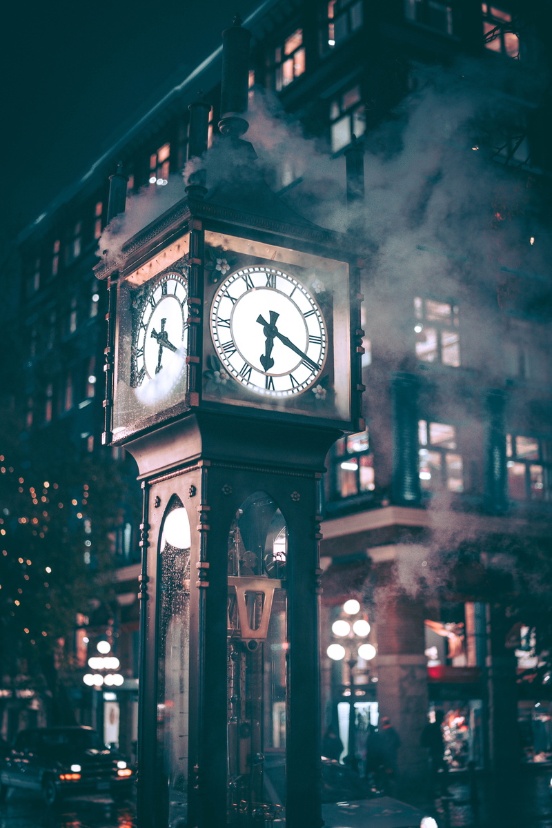 low, gastown, building exterior, selective focus, smoke, built structure, concrete, watchtower, night, low angle view, time, street, illuminated, brown