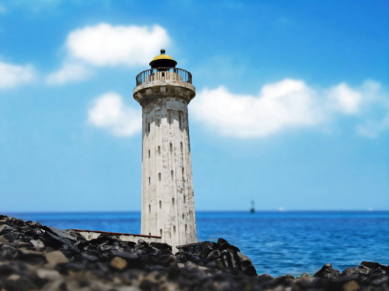 sea, water, built structure, inactive, security, building, old, tower, deserted, ocean, sunny, outdoors, fluffy clouds, good weather, direction