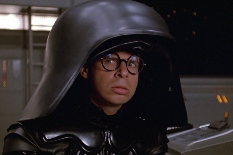Spaceballs , portrait, looking, headwear, hood - clothing, front view, hood, eyeglasses, Spaceballs, one person, attitude, clothing, indoors, Darth Helmet